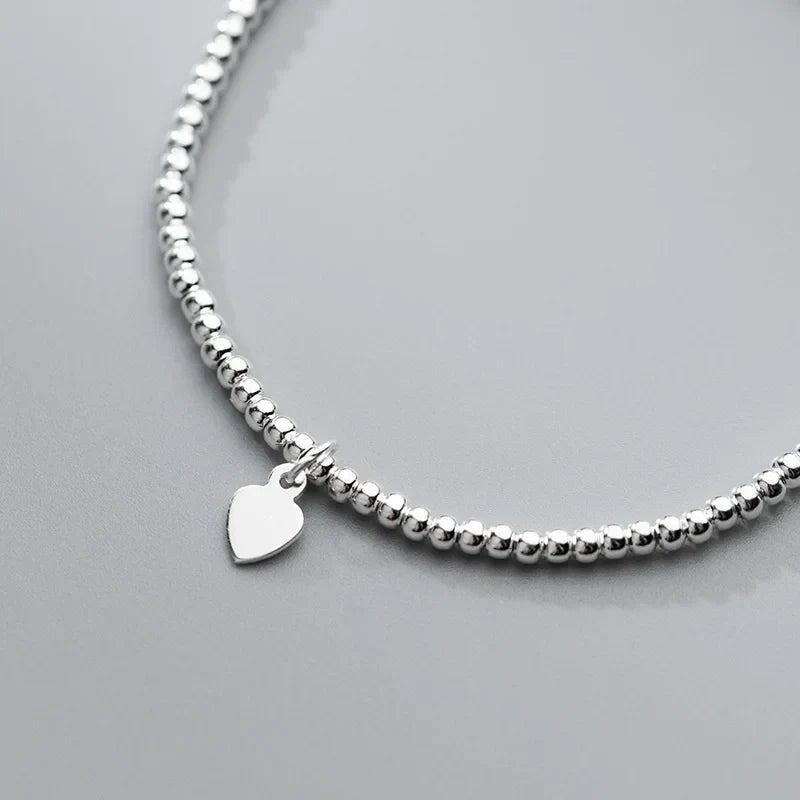 16cm Bracelets For Women Silver 925 Heart Silver Elastic Rope Round Bead Chain Sterling 925 Silver Women's Bracelet