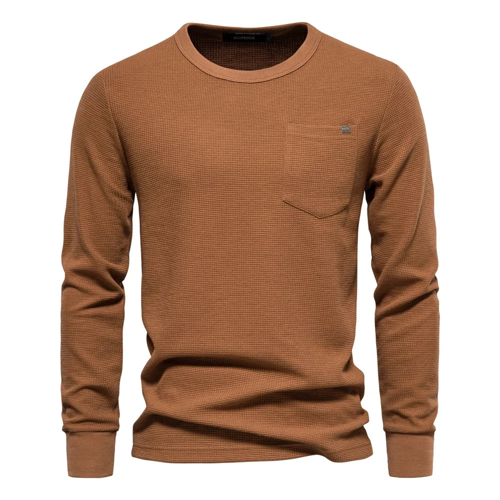 Waffle Cotton Solid Color Men Tshirts Single Pocket Long Sleeve Tee Shirts for Men New Spring Basic Breathable Tops Men