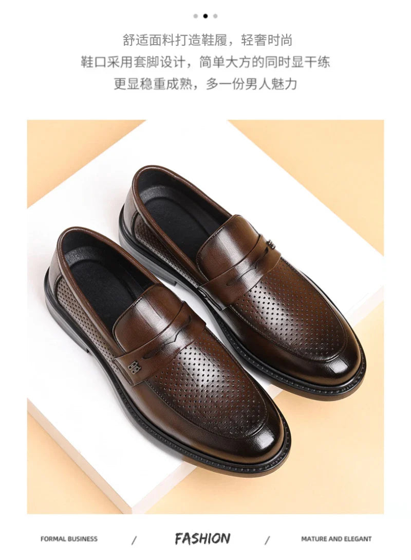 Mens Black Penny Loafers With Perforated Detail Slip On Comfortable Breathable Dress Shoes For Business Office And Summer Wear