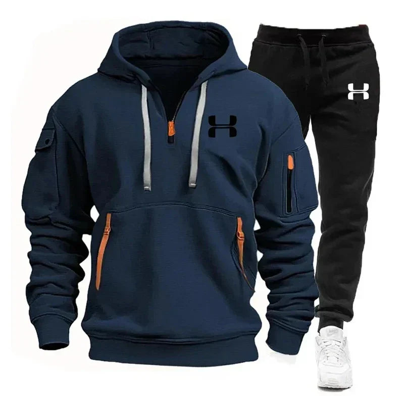 Men's autumn and winter new zipper long sleeved hooded sweatshirt, sports and casual pants, two-piece fitness jogging suit