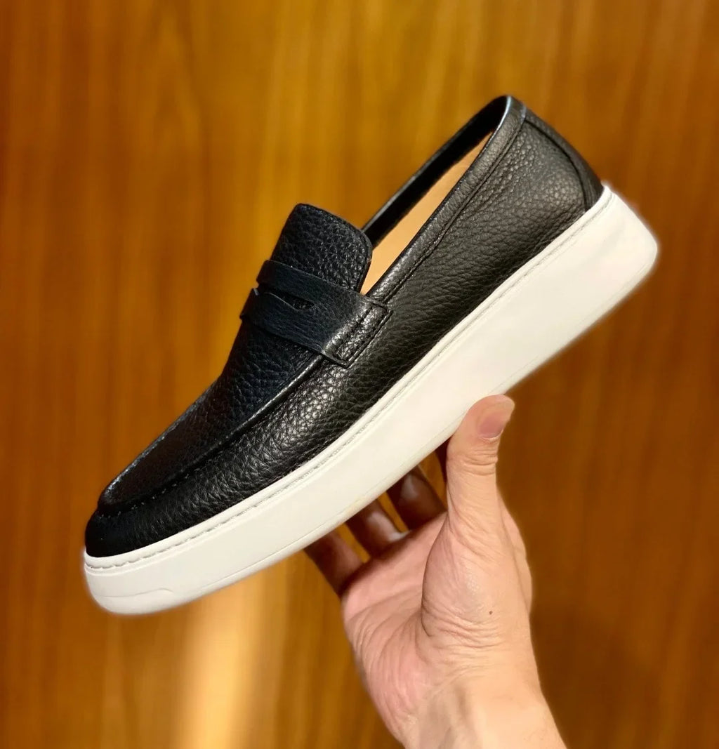 2026 New Men Genuine Grain Leather Penny Loafers Slip On Platform Non Slip Soft Sole Business Casual Driving Daily Walking Shoes