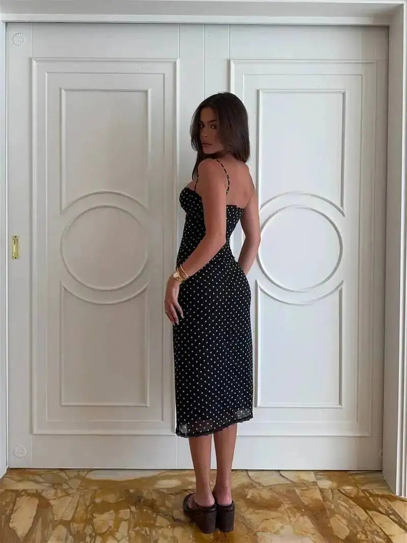 Polka Dot Spaghetti Strap Sexy Midi Dress Women Elegant Off-shoulder Backless Sleeveless Bodycon Club Party Dress