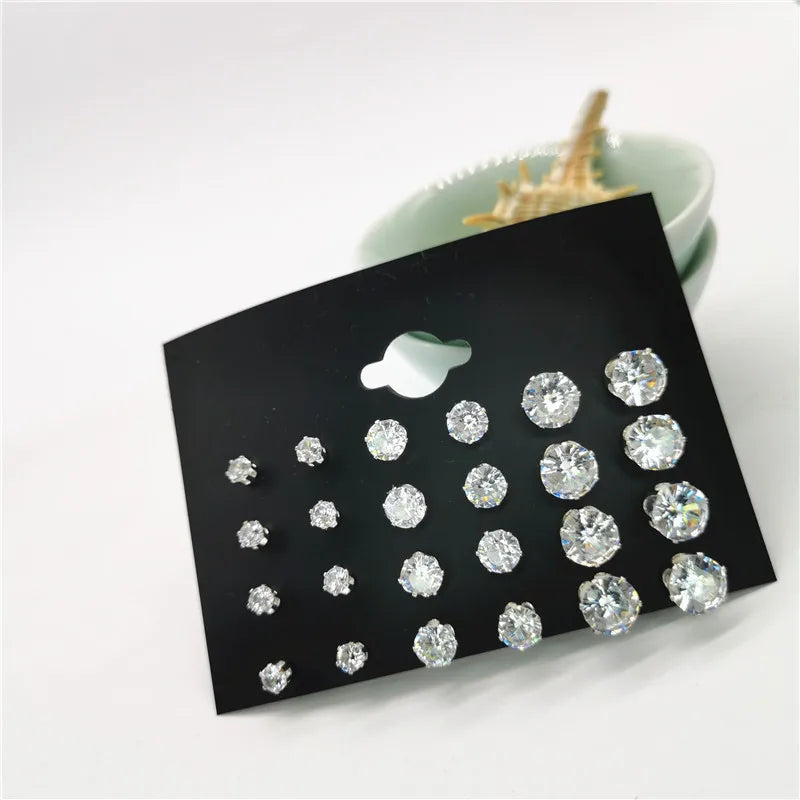 24pcs Cubic Zirconia Stud Earrings - Stainless Steel Claw Set for Men (12 Pairs)