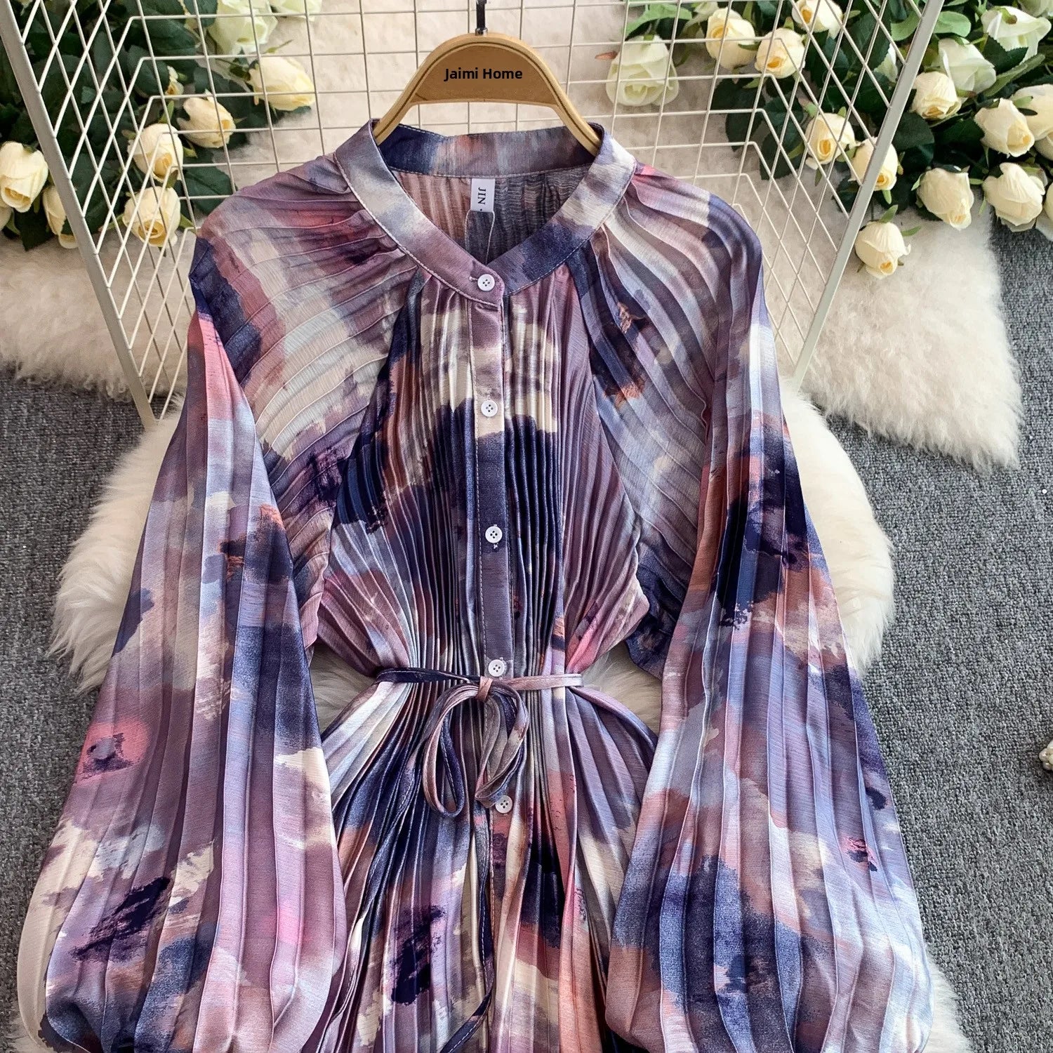 Printed round Ne Lantern Sve Dr Women's Single Button Waist Cinch Maxi Skirt Long Dr Commute Sle Autumn