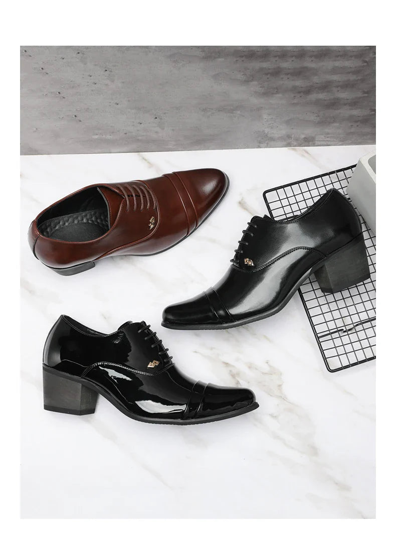 Premium Leather Men Shoes Slip On Loafers European Brand Business Casual Wedding Party Plaid Design Height Increasing