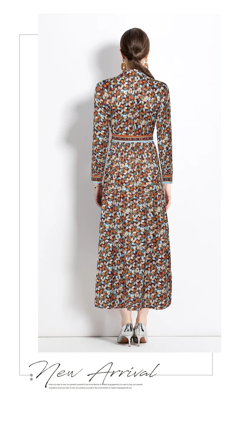 2024 Autumn New Women's European and American Versatile Waist and Slimming Letter Positioning Printed Dress A-line Long Dress