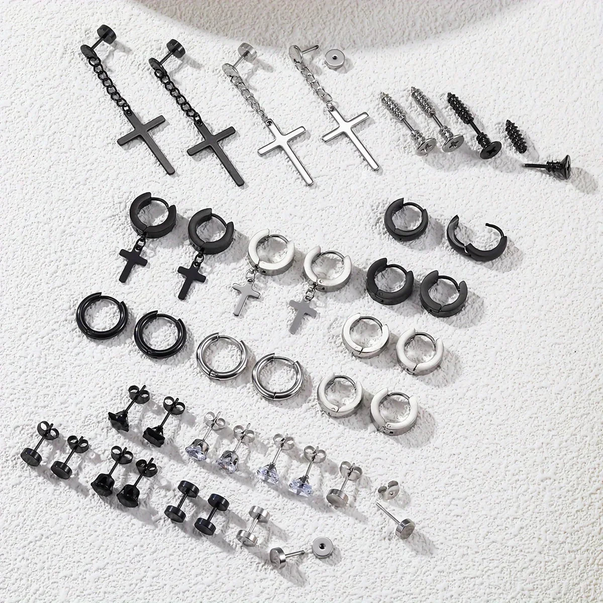 Simple Stainless Steel Zircon Stud Earrings For Men, Cross Pendant Hoop Earrings For Daily Wear