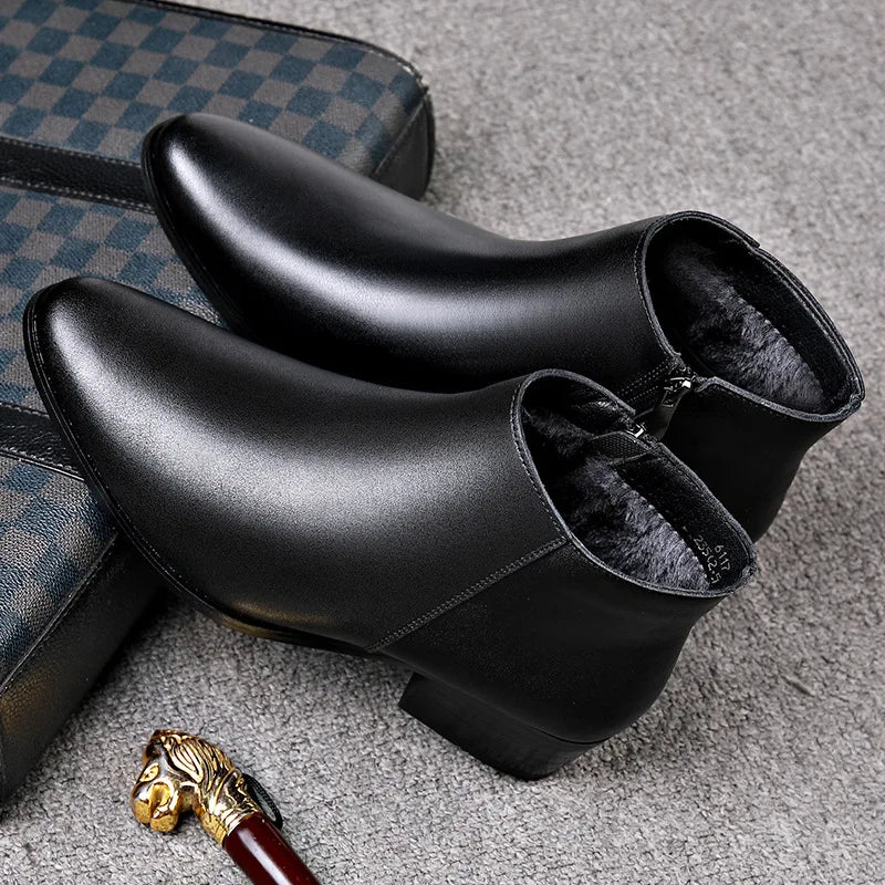 Luxury Brand Mens Boots Fashion Chelsea Genuine Leather Boot Classic Business Casual Dress Boots for Men Plush Warm Winter Botas
