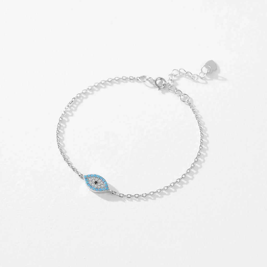 Pure 925 Sterling Silver Fashion Natural Turquoise Blue Eyes Bracelet Chain Link For Women Pave Setting CZ Fine Jewelry