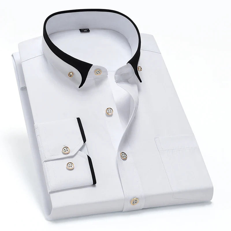 Hot Sale Men's Business Dress Shirts long Sleeve Contrast Collar Social Camisa With Diamond Anti-wrinkle Button Down Black Blue