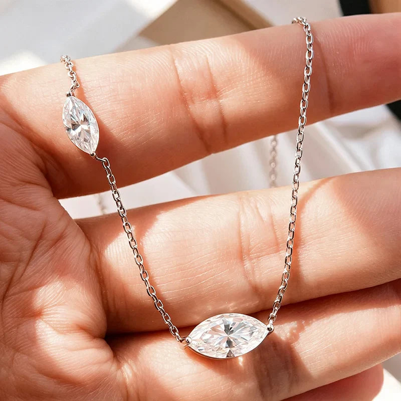 3CT Marquise Cut 2 Gems Full Moissanite Necklace for Women Bride Wedding Jewelry Lab Diamond Chain 925 Sterling Silver