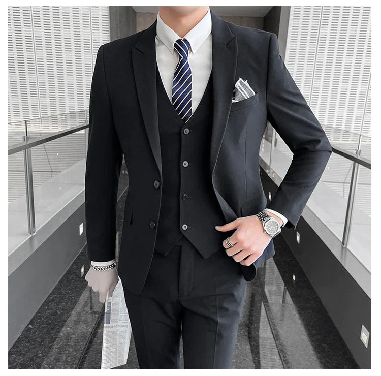 2025 Slim Fit Three-Piece Business Suit Set High-End Korean Style Wedding Groom Party Dress Suit Vest Trousers M-4XL