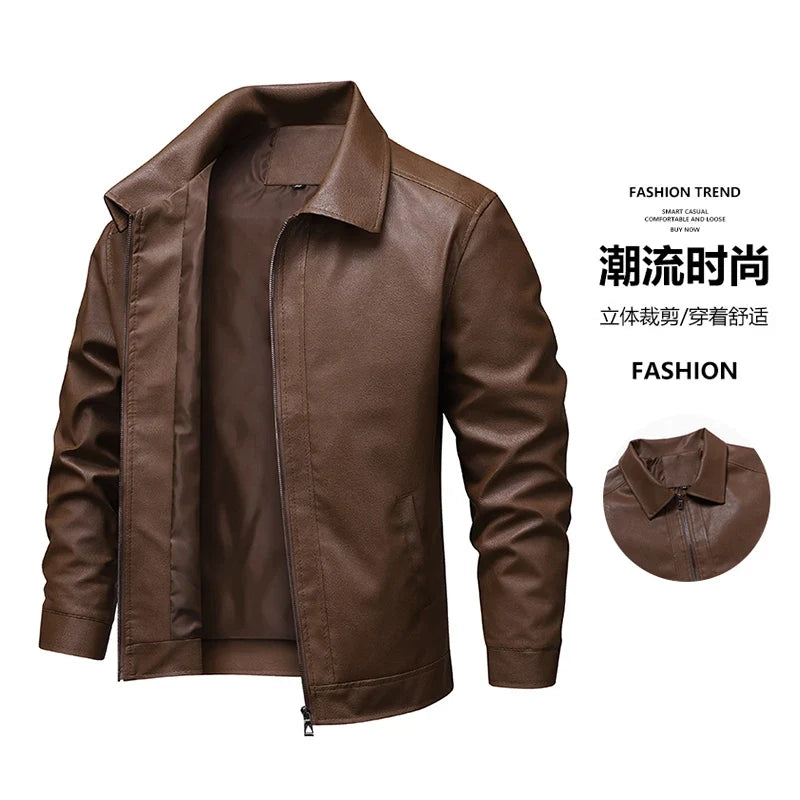 2025 new spring and autumn men's turn-down collar leather jacket men casual coat men's top windproof Loose fit trendy jacket