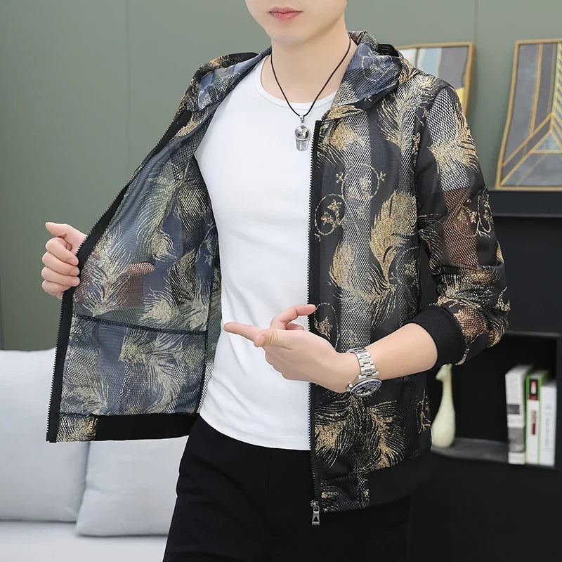 Men's Summer Mesh Sun Protection Clothing Trendy Stripe Print Ice Silk Cool Feeling Breathable Quick Dry Hooded Jacket