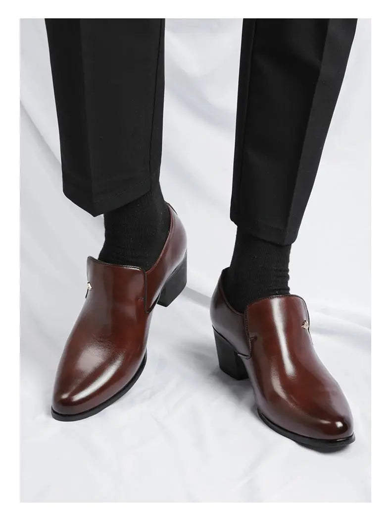 Premium Leather Men Shoes Slip On Loafers European Brand Business Casual Wedding Party Plaid Design Height Increasing