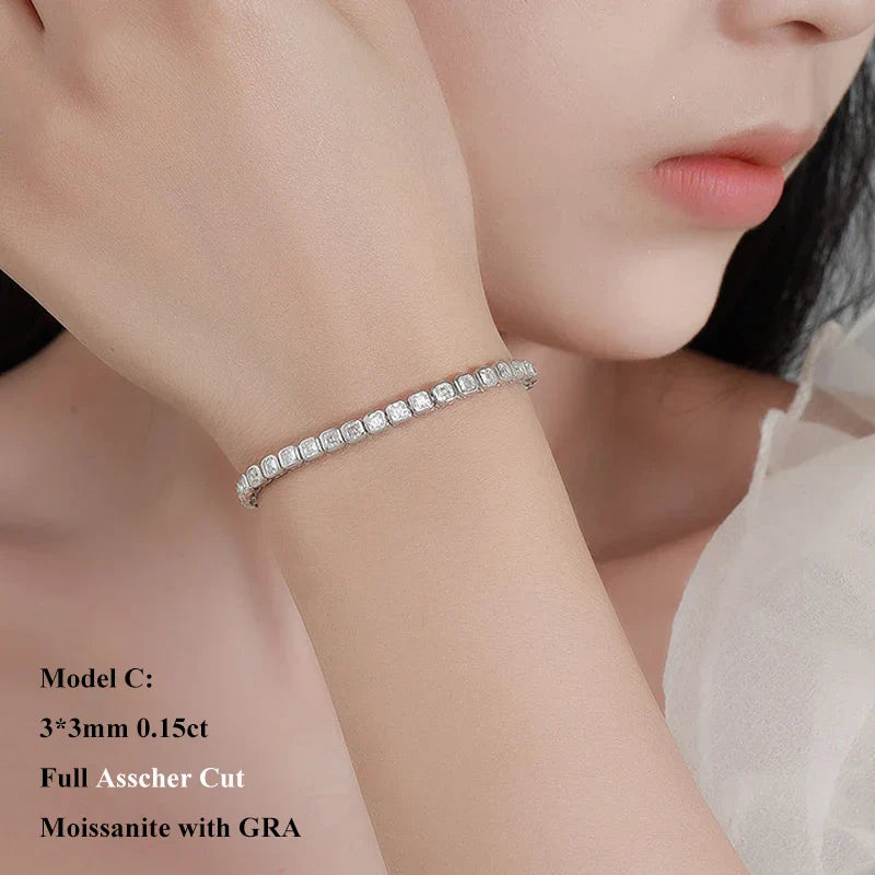 Full Asscher Cut 3x3mm 0.15CT Bezel Type Moissanite Tennis Bracelet for Women Men Party 925 Silver GRA Certified Bracelets