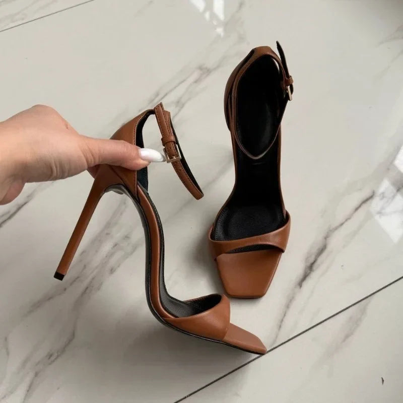 New Fashion Shallow Mouth Bag with One Piece Buckle Strap, Square Head, Open Toe, Fine High Heels Sandals for Women 34-46