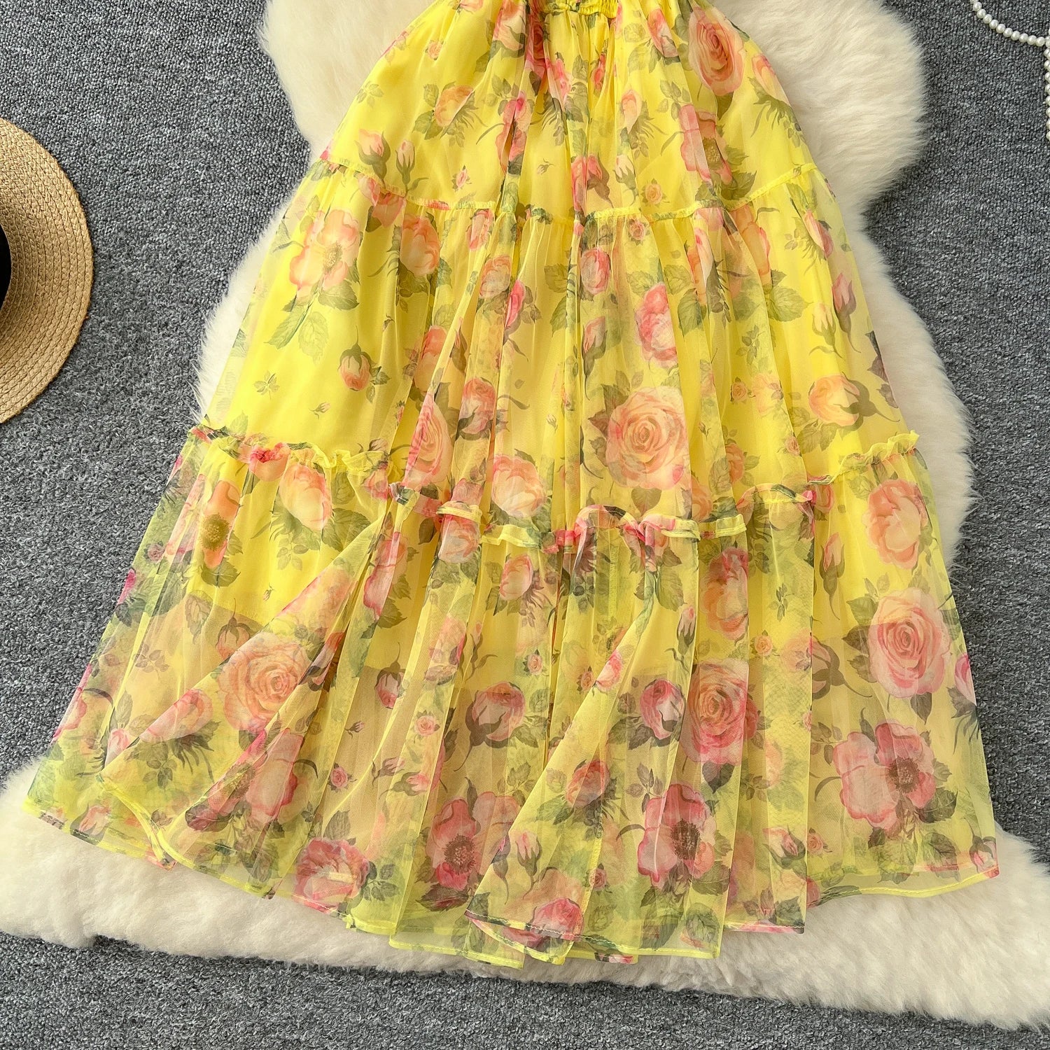 Retro Floral Chiffon Dr Women's Waist Cinched Bubble Sve Me Skirt Tea Break Gentle Soft Sle Korean High Waist A-Lin...