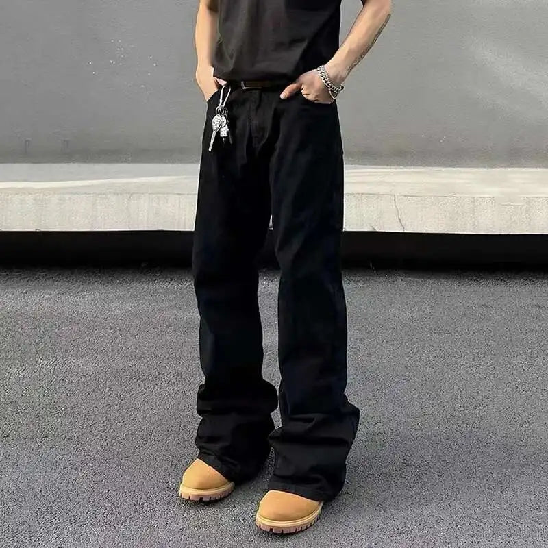 American Y2K Men's Jeans New Micro Flared Denim Pants Slim Fit Solid Color High Street Stylish Male Casual Trousers