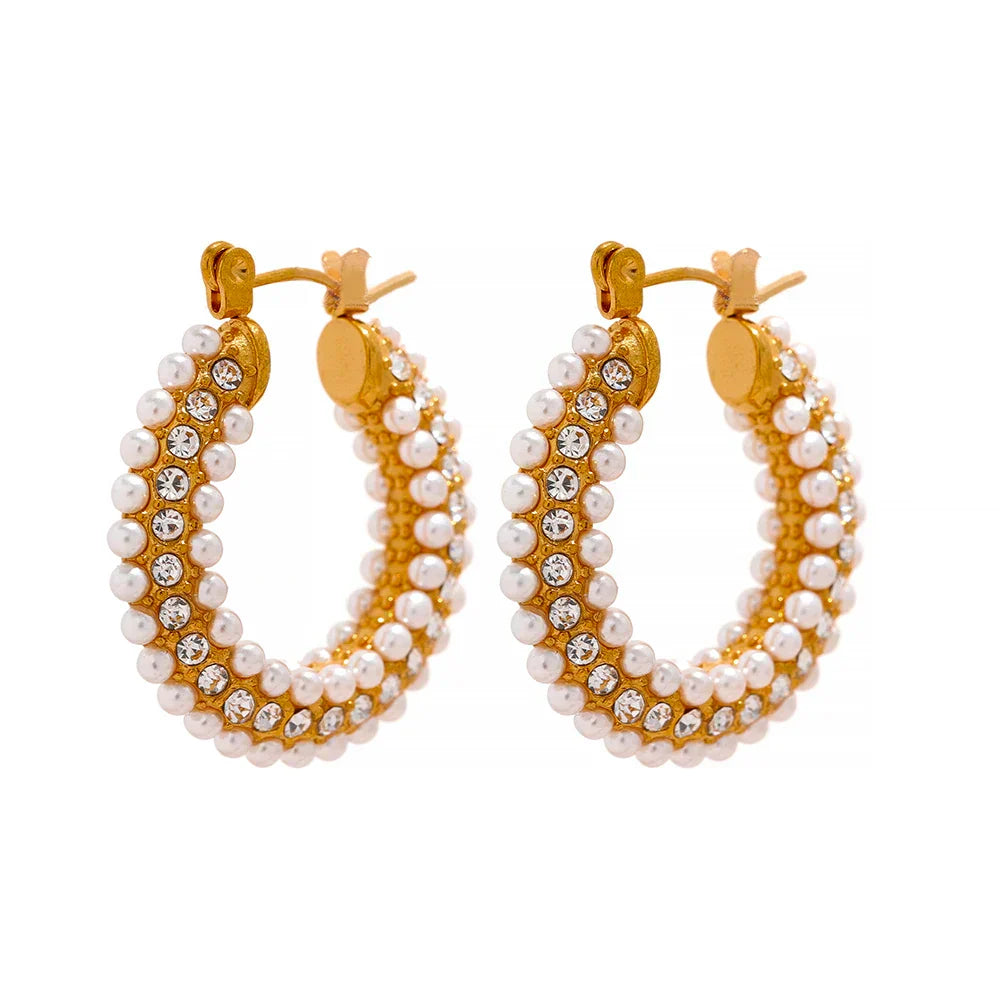 Exquisite Luxury Stainless Steel Imitation Pearls Hoop Huggie Earrings Romantic Elegant Fashion Charm Trendy Chic Jewelry