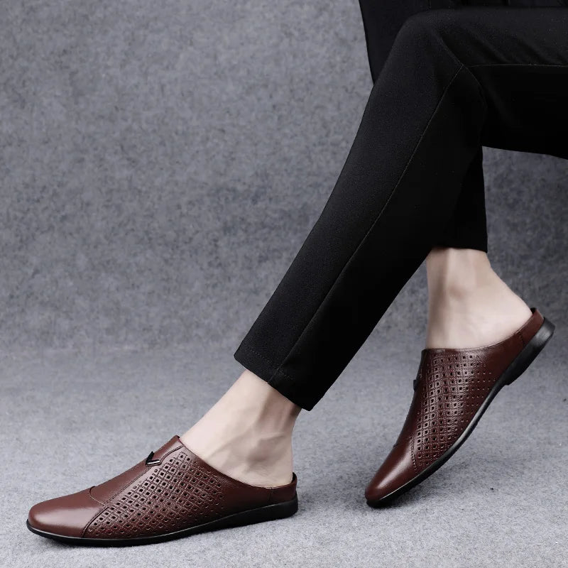 Summer Men Shoes Casual Brand Mens Penny Loafers Genuine Leather Luxury Half Slipper For Men Breathable Lazy Driving Shoes Man