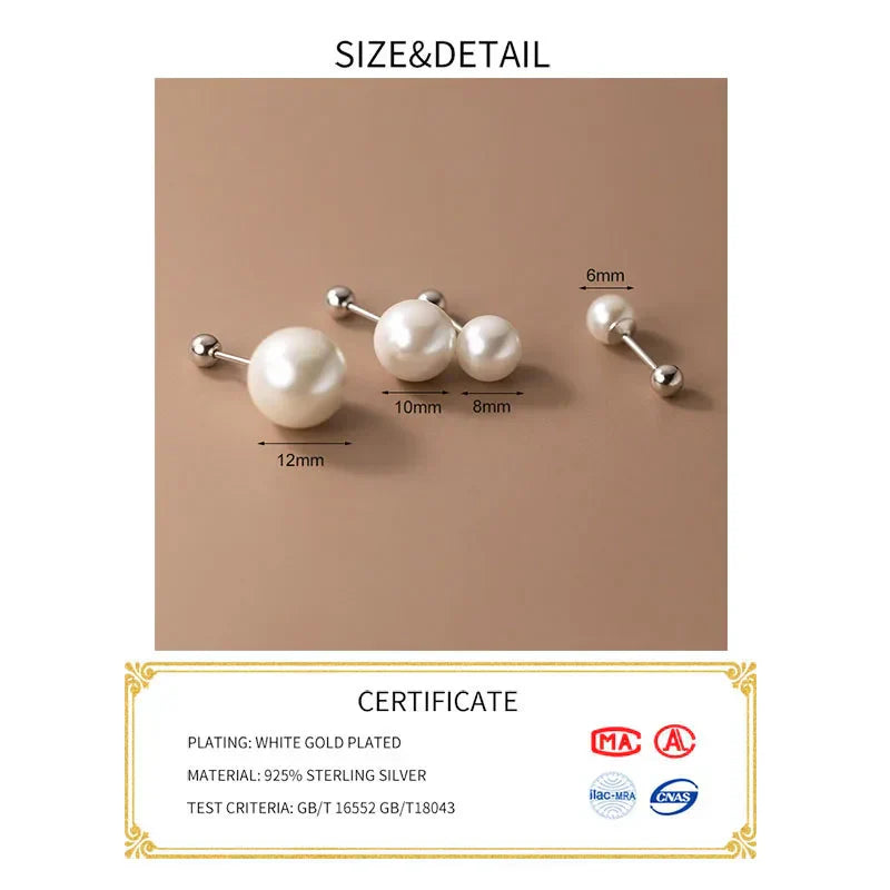 Real 925 Sterling Silver Geometric Round Bead 6/8/10/12mm Pearl Stud Earrings For Women TRENDY Fine Jewelry Accessories