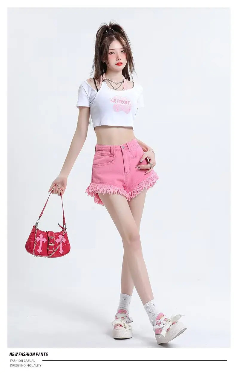 Women's Pear-shaped Friendly Denim Shorts 2026 Summer New High Waist Frayed Hem Casual Streetwear Wide Leg Hot Pants