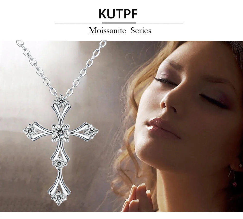 Crucifix Faith Cross Moissanite Pendant Necklace White Gold Plated 925 Sterling Silver Unisex Jewelry Hip Hop Goth Style Gift
