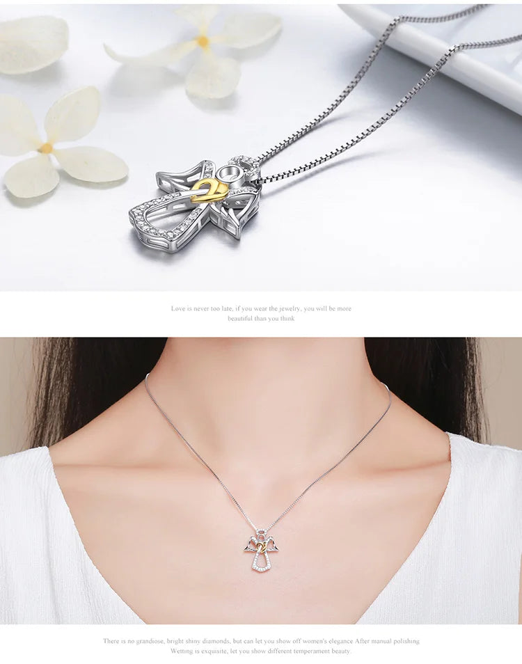925 Sterling Silver Guardian Angel Pendant Necklace Angel Wing Chain for Women Dazzling Zircon Luxury Jewelry SCN123