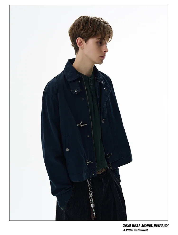 Retro Black Gothic High Street Airplane Buckle Jacket for Men and Women Korean Fashion Y2k American Retro Casual Jacket