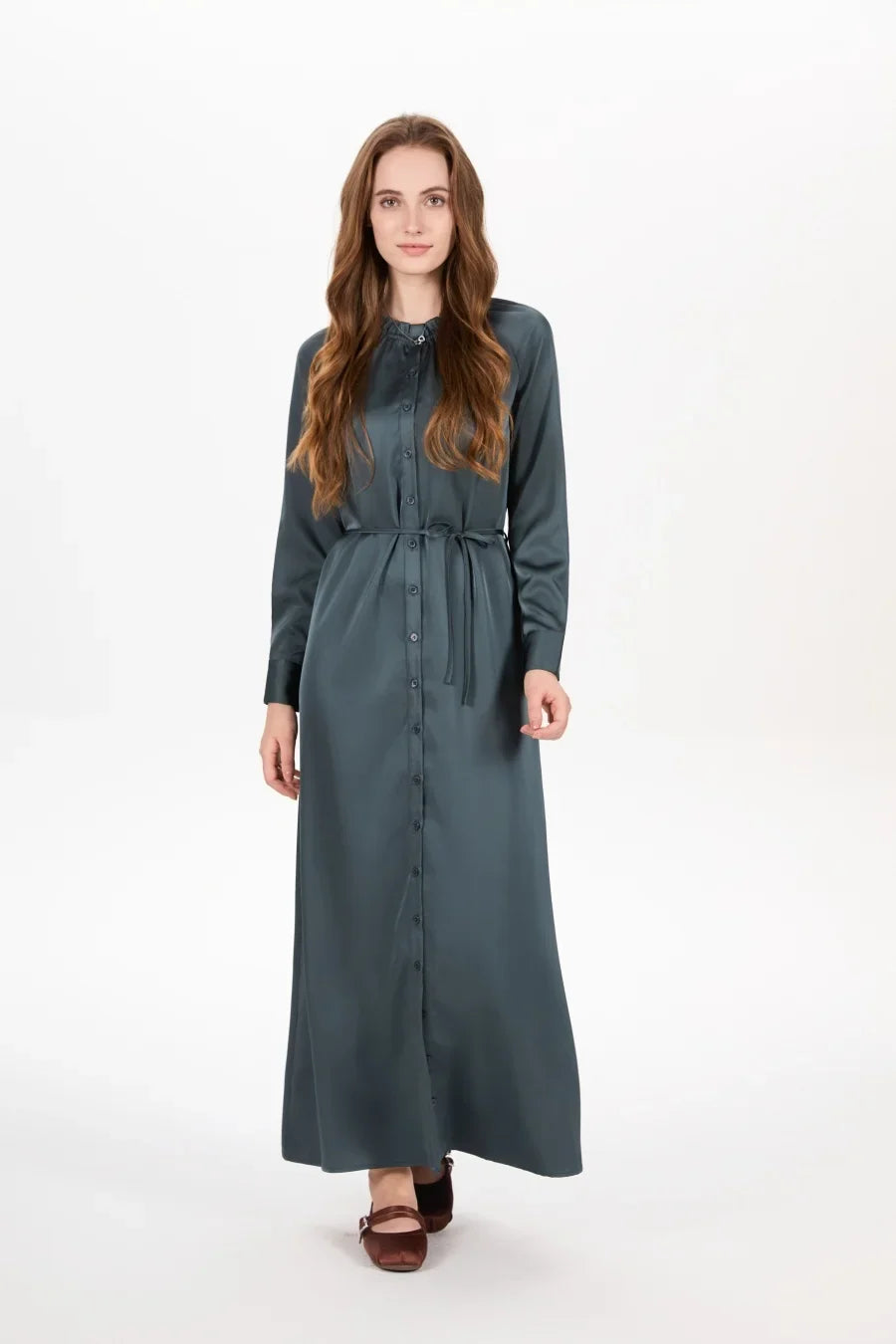 AW25 satin dress elegance lady ruffled neck woman clothes with Removable belt