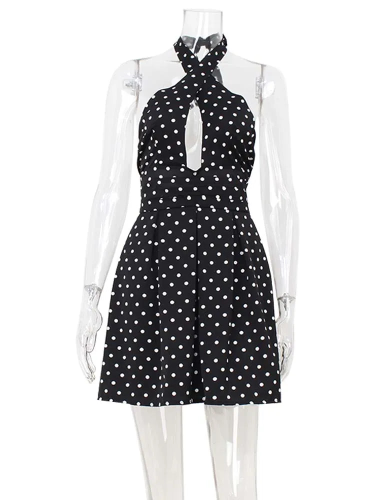 Hollow Out Backless Halter Lace-up Outfits Sheath Women Dresses A-Line Fashion Dot Prints Elegant Female Bodycon Sexy