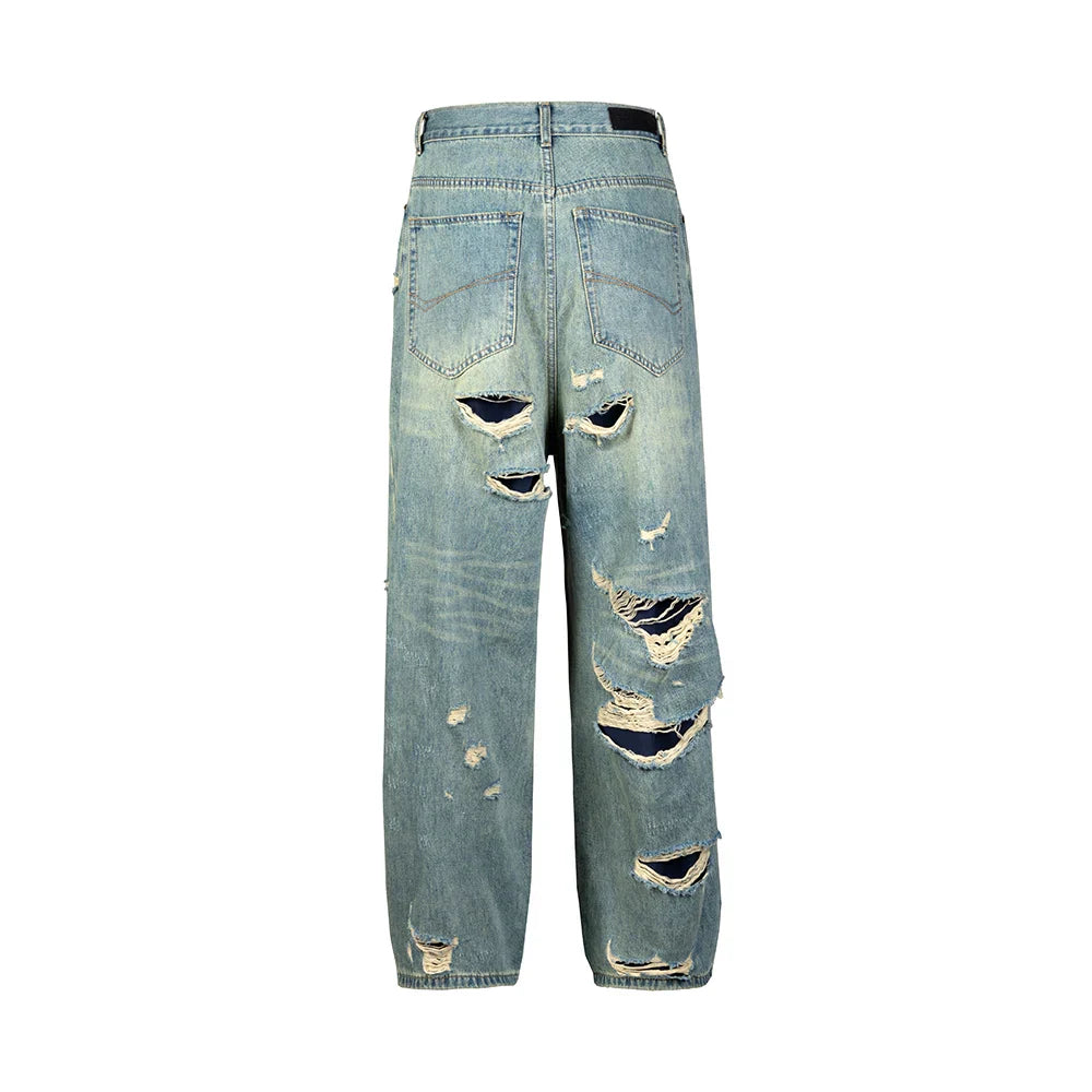 Distressed Washed Blue Baggy Wide Leg Jeans for Men