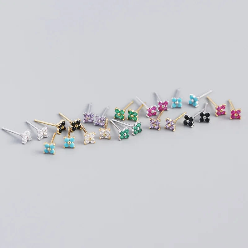 925 Sterling Silver Romantic Color Zircon Three-petal Flower Stud Earrings for Women Fashion Huggies Piercing Jewelry