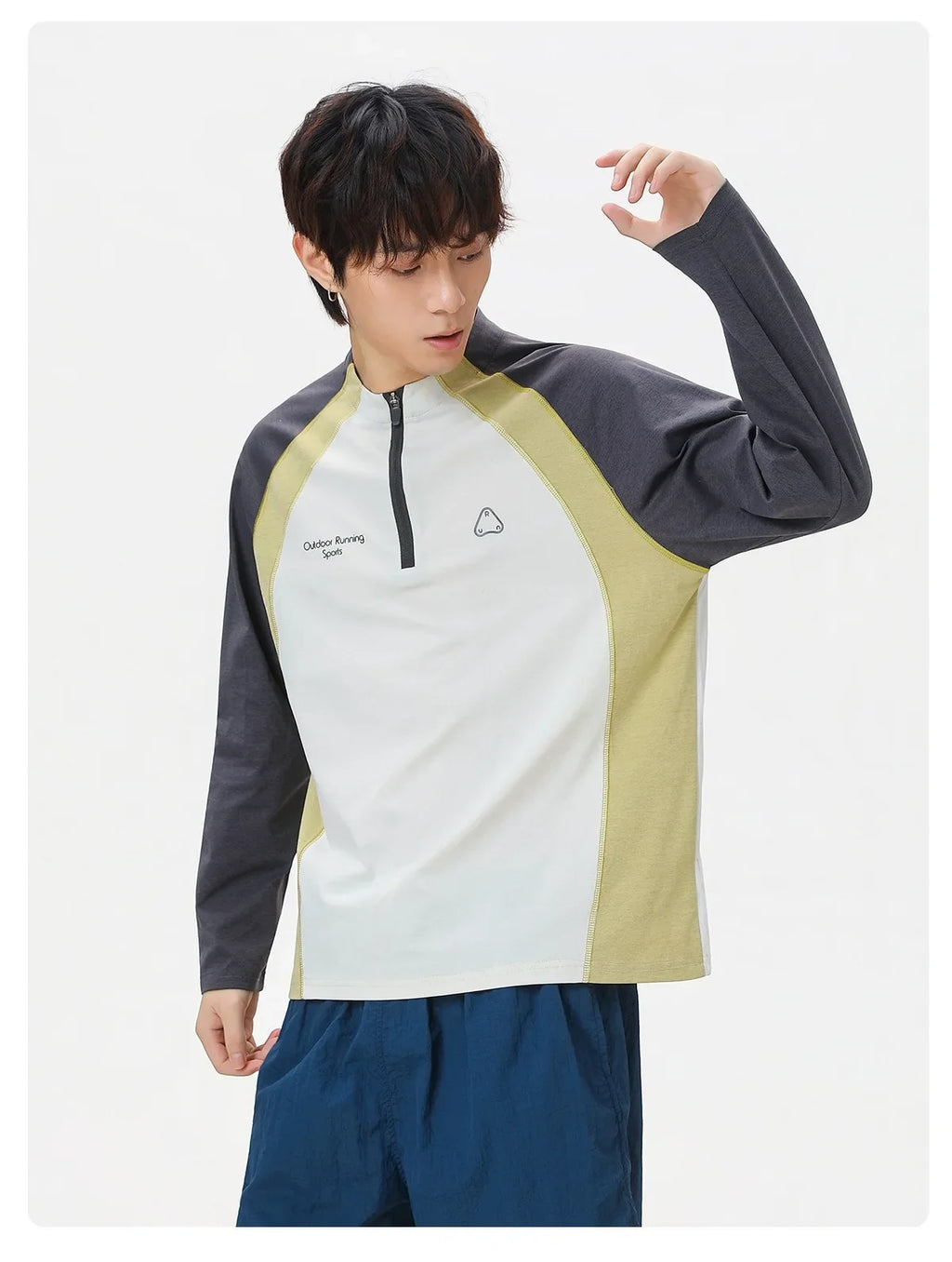Men's Retro Colorblock Raglan Sleeve Long Sleeve T-Shirt – Loose Fit Half-Zip Athletic Top with Moisture-Wicking Fabric