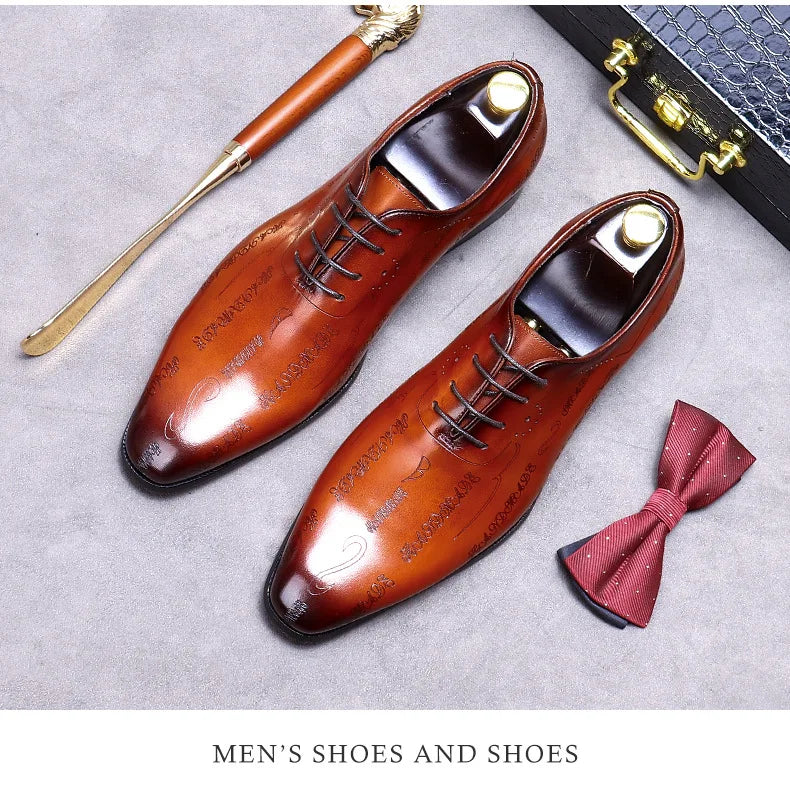 Men's Business Dress Leather Shoes Genuine Leather Shoes Full Cowhide British Laser Engraving Pattern Men's Wedding Shoes 37-46