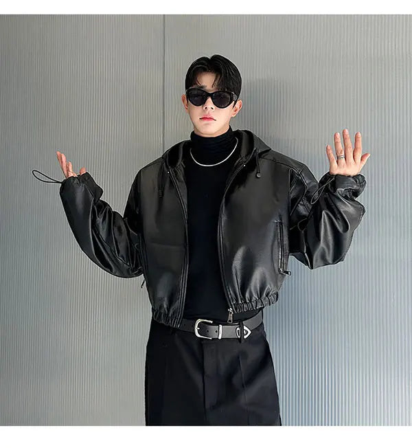Spring Autumn Short Waterproof Black Pu Leather Jacket Men Hood Zipper High Waist Loose Casual Korean Fashion 2025
