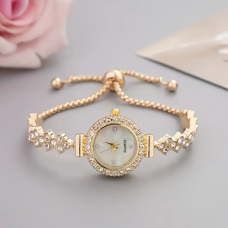 1 piece of elegant women's quartz watch, paired with luxurious rhinestone embellishment - gold simulated bracelet