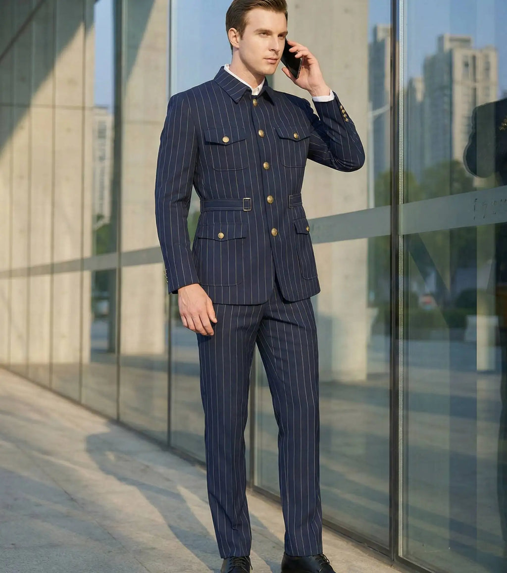 Elegant Dark Blue Striped Men's Suit Slim Fit Double-Breasted Jacket And Trouser Set Fashionable Collarless 2-Piece Suit