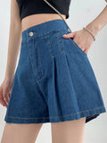 2024 Summer Plus Size Denim Shorts For Women High Elastic Waist Blue Or Sky Blue Pleated Mini Large Size Short Femme