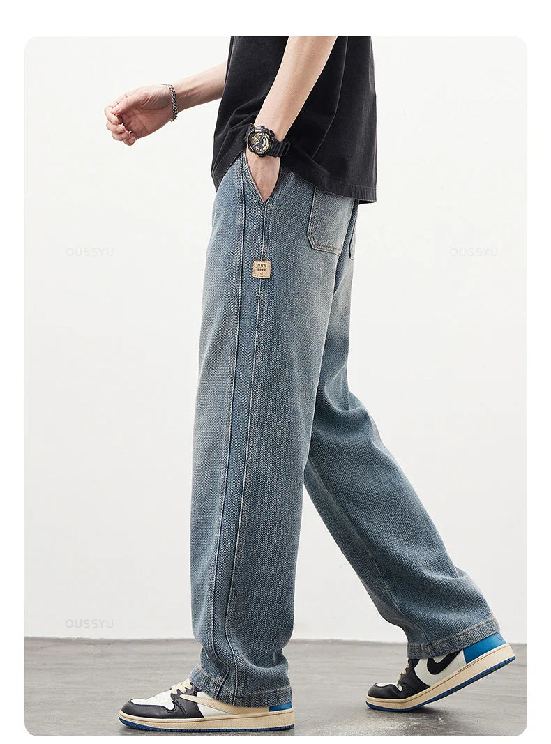 Brand Clothing High Quality Starry Sky Texture Fabric Men's Jeans Loose Straight Denim Pants Elastic Waist Drawstring Trousers