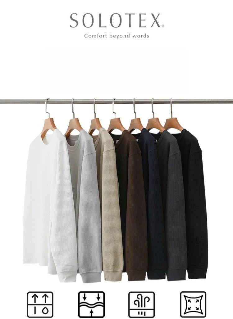 Autumn Lightweight Waffle Knit Base Layer Top  Men - Fashionable Loose Fit Versatile Long-Sleeved Round Neck T-Shirt/Sweatshirt