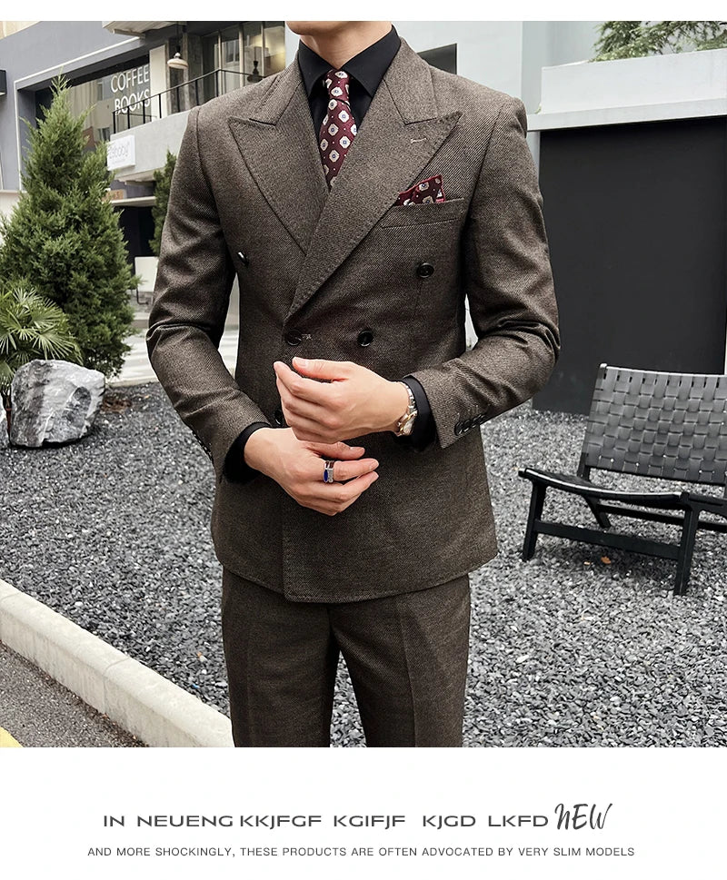 Men Vintage Luxury Double Breasted Slim Fit Lapel Evening Gown ltalian Style Fashion High-end Groom Wedding Party Tuxedo 2 Piece