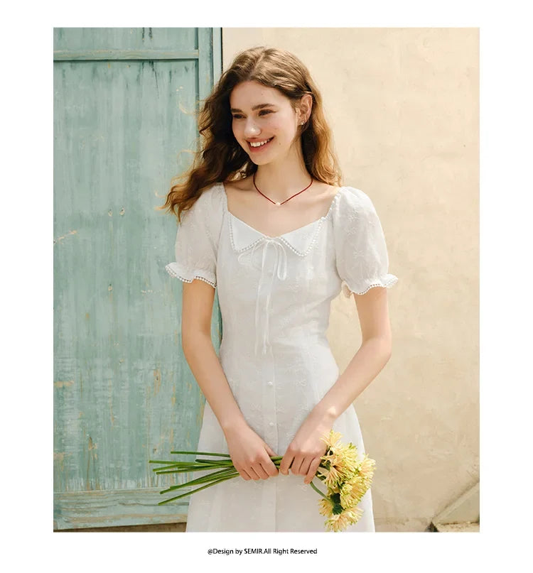 Dress Women Embroidered Elegant 2025 New Summer Lace-trimmed Collar Puff Sleeve Little White Dress for Summer
