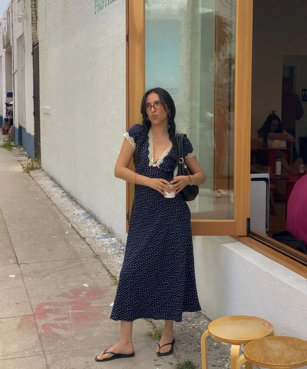 2025 Women Navy Blue Polka Dot Long Dress Lace Trim V Neck Short Sleeve A-line Elegant Holiday Dresses Summe Maxi Robe