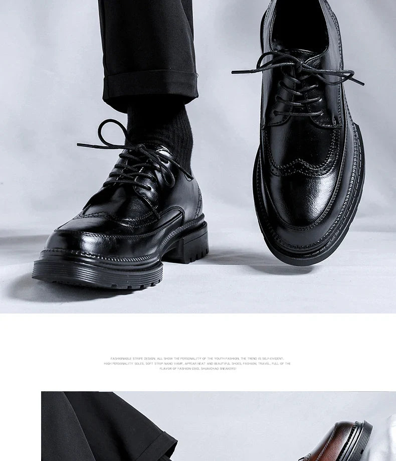 Men Korea Leather Platform Oxfords Slip on Thick Tottom for Male Derby Shoes Casual Loafers Mens Square Toe Formal Dress Shoes