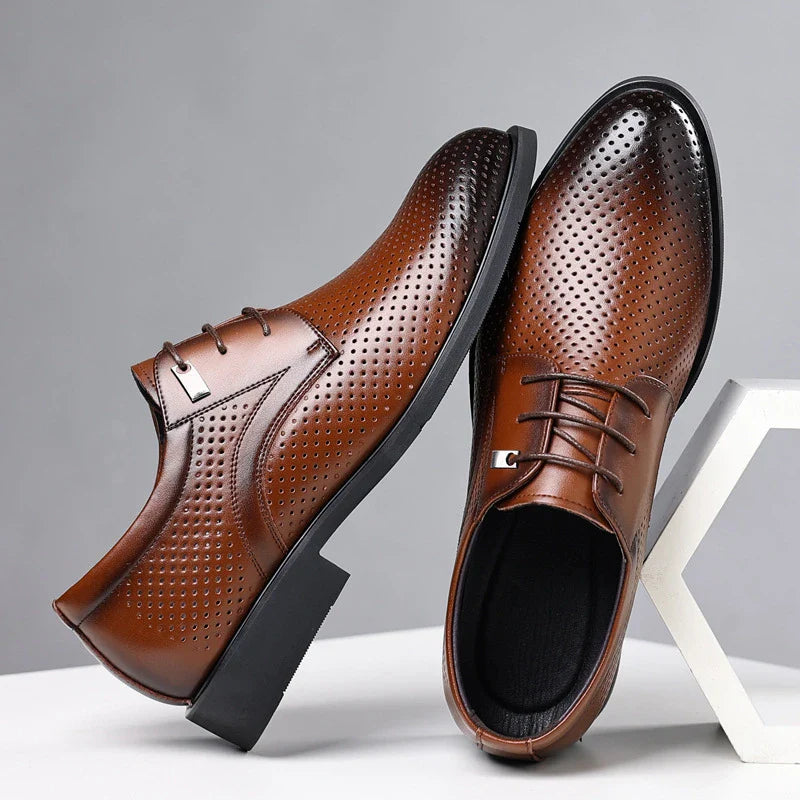 Mens Black Genuine Leather Perforated Metal Decor Lace Up Formal Business Office Breathable Summer Shoes Hollow Stylish Simple