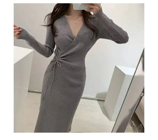 Chic V-ne Knitted Wrap Waist Slimming Mid-length A-line Dr Women's Sweater Dr Korean Sle High Waist Long Sve