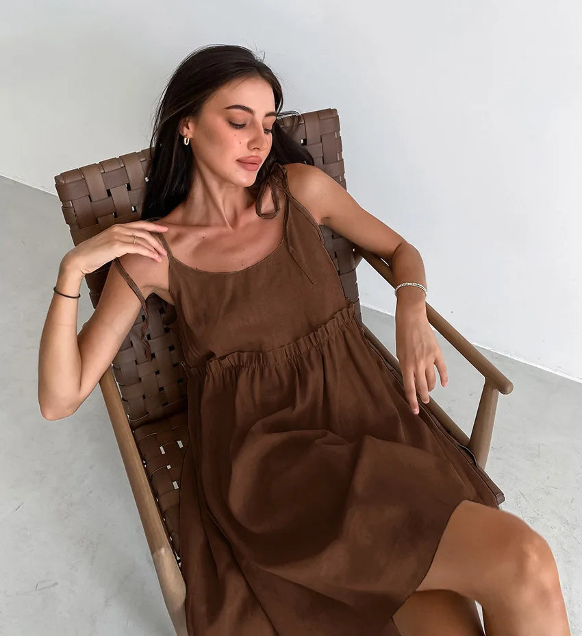 Women's Cotton Linen Spaghetti Strap Mini Dress Summer Loose A-Line Beach Vacation Dress Female Fashion Streetwear Dress