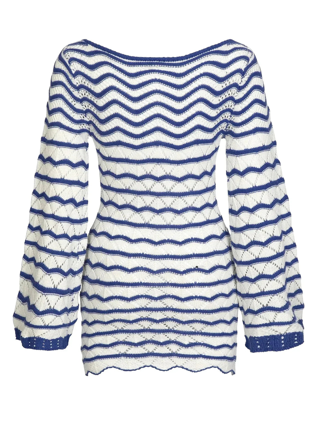 Reto Blue Striped Bell Sleeve Knit Dress Sexy V-neck Cut Out 2025 Summer Women Seaside Holiday Mini A-Line Dresses K123